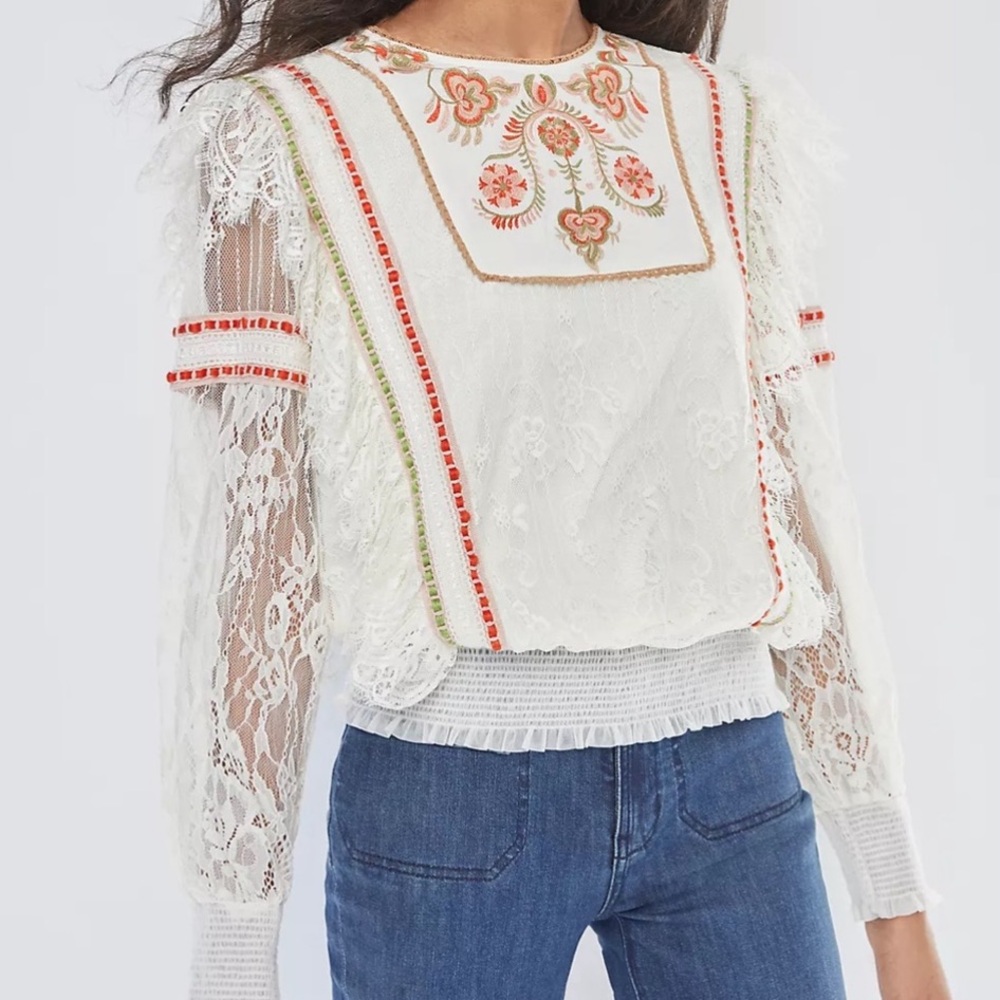 Anthropologie Blank Bl-nk Tali Long Sleeve Lace Blouse Top